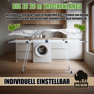 Weißer BigDean Wäscheständer mit ausziehbaren Teleskop-Flügeln, 20m Trockenlänge, stabil. Ideal für große Wäschemengen.