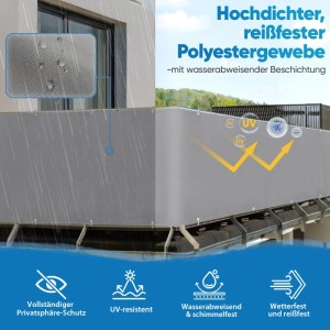 Sekey Balkonsichtschutz, hellgrau, 90x300cm. Blickdichter Windschutz aus reißfestem Polyester.