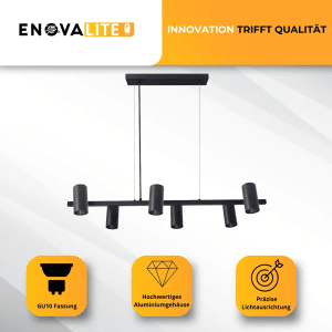 Moderne, schwarze 6-flammige Pendelleuchte mit GU10 Fassung aus Aluminium für zielgerichtetes Licht.