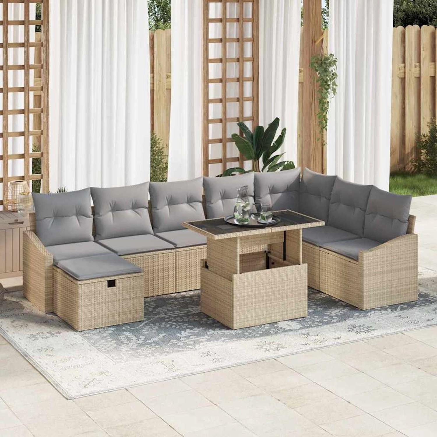 Beiges 9-teiliges vidaXL Garten-Sofa-Set aus Rattan mit Kissen und Stauraum.