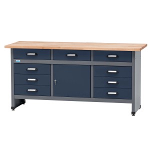 Küpper Werkbank, dunkelblau, mit 9 Schubladen, Tür und Buchenholzplatte. Stabile Werkbank für Werkstatt und Hobby.