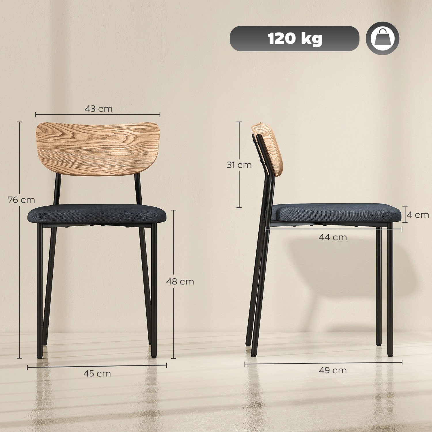 HOMCOM Esszimmerstuhl, grau, mit Holzlehne und schwarzen Metallbeinen, Seitenansicht und Frontansicht mit Maßangaben.
