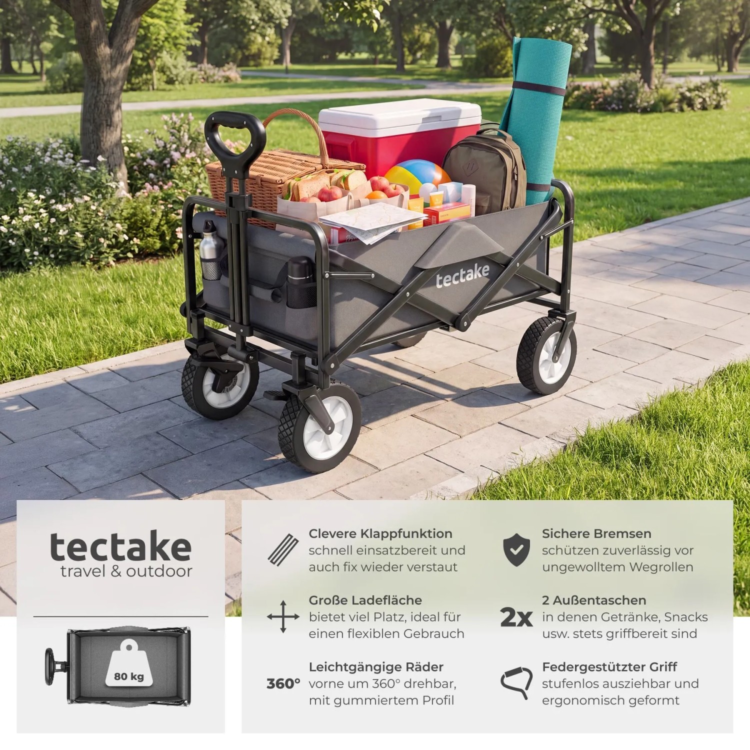 Tectake Bollerwagen Leon Faltbar Mit Bremsen und Gummierten Kunststoffrädern  91 x 53 50 x 101 cm Grau_2
