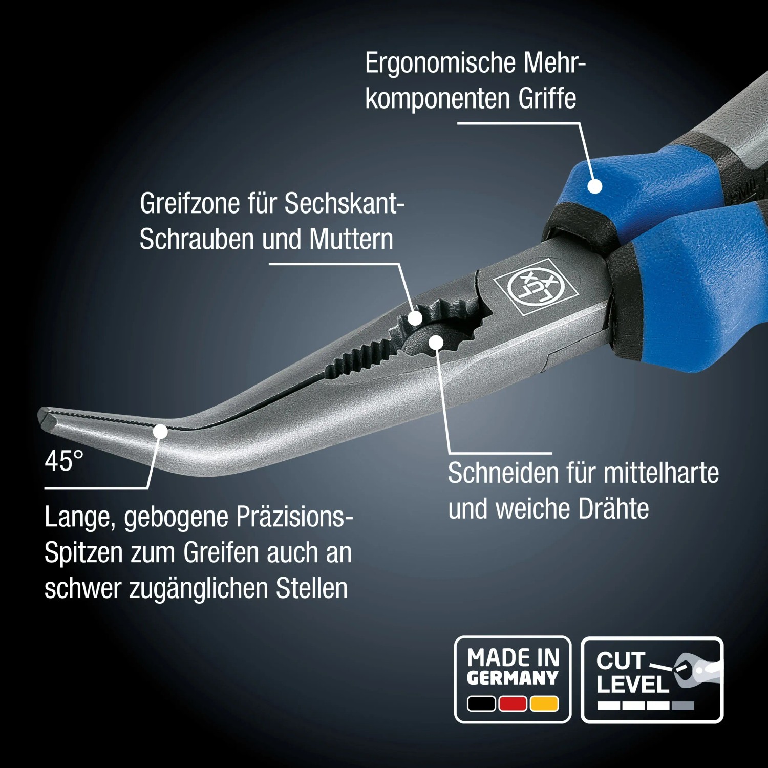 LUX Telefonzange Professional Englisch, 200 mm, mit gebogenen Backen und Mehrkomponentengriff.