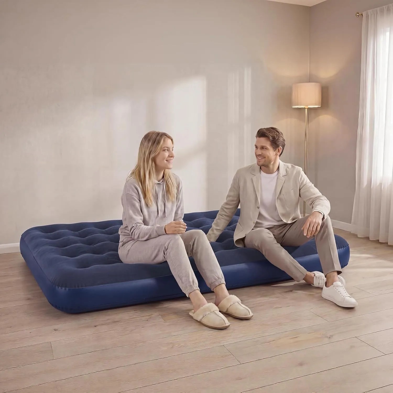 Dunkelblaue aufblasbare Luftmatratze für 2 Personen, auf der ein Paar bequem sitzt. Ideal für Camping & Outdoor.