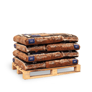 Palette mit 12 Säcken Galamio Holzhackschnitzel Orange 60l. Mulch aus Kiefernholz für Garten, Beete und Wege.