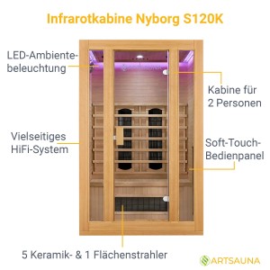 Artsauna Infrarotkabine Nyborg S120K aus Hemlockholz mit LED-Beleuchtung und Keramikstrahlern für 2 Personen.