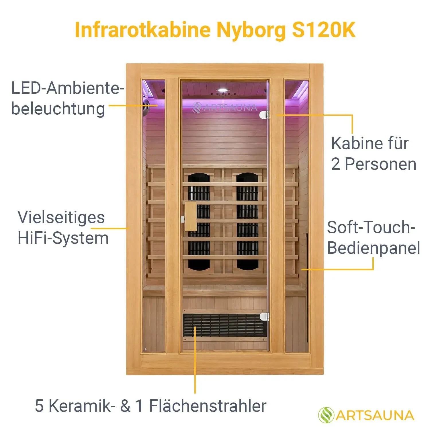 Artsauna Infrarotkabine Nyborg S120K aus Hemlockholz mit LED-Beleuchtung und Keramikstrahlern für 2 Personen.
