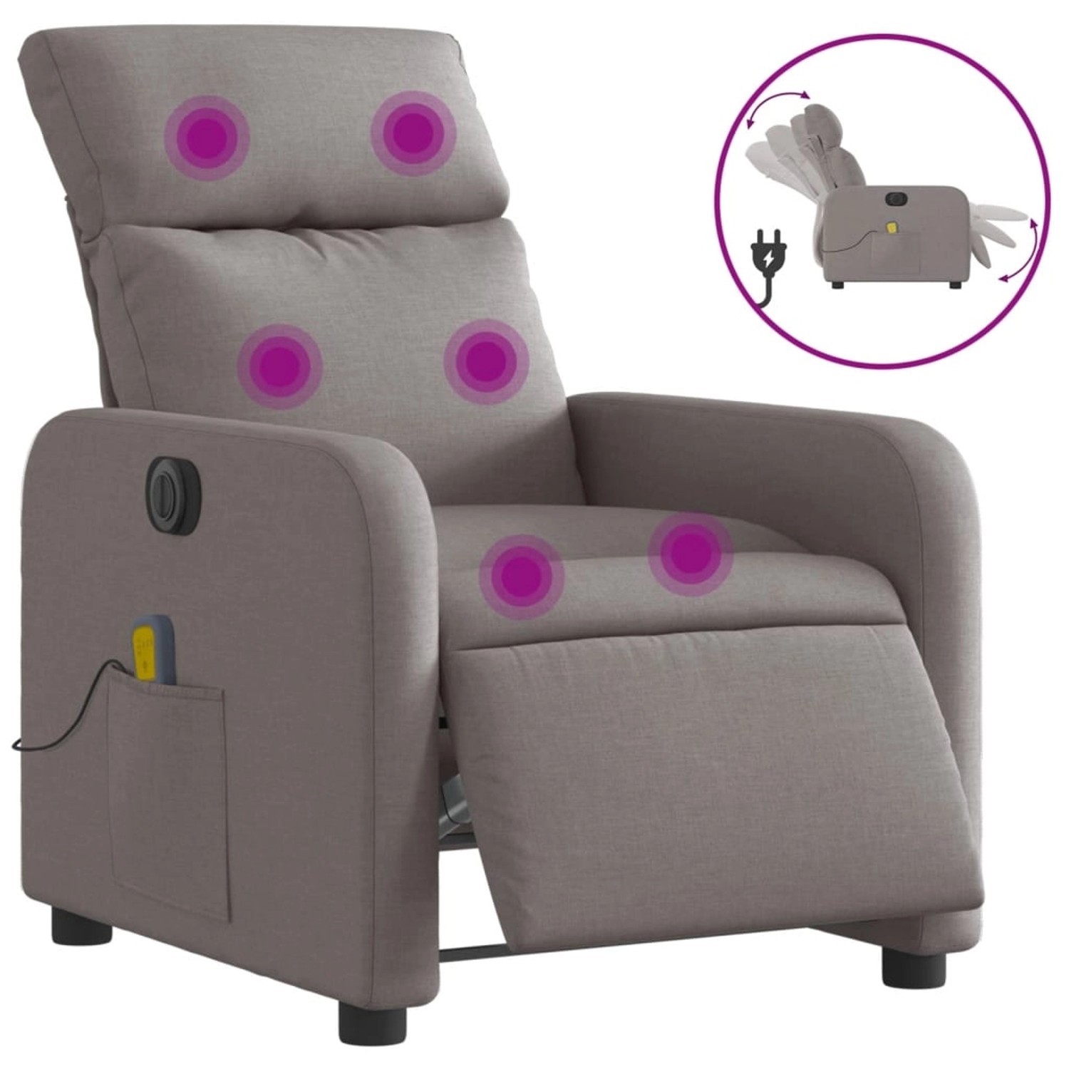 Elektrischer Massagesessel in Taupe mit Vibrationsfunktion und verstellbarer Rückenlehne.