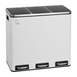 Weißer Svita Mülleimer mit 3 Fächern für Mülltrennung, 54L Gesamtvolumen, Tretmechanismus. Ideal für Küche.