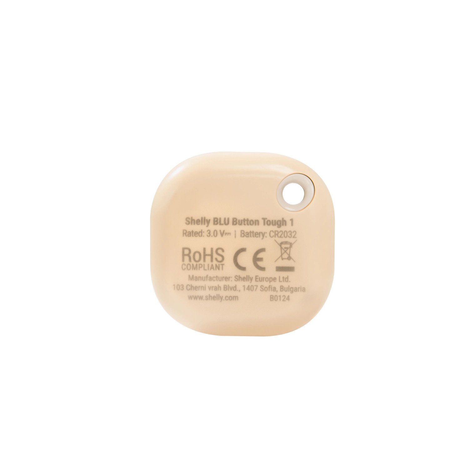 Shelly Blu Button Tough Beige: Bluetooth-Taster für Hausautomation, staub- und spritzwassergeschützt.