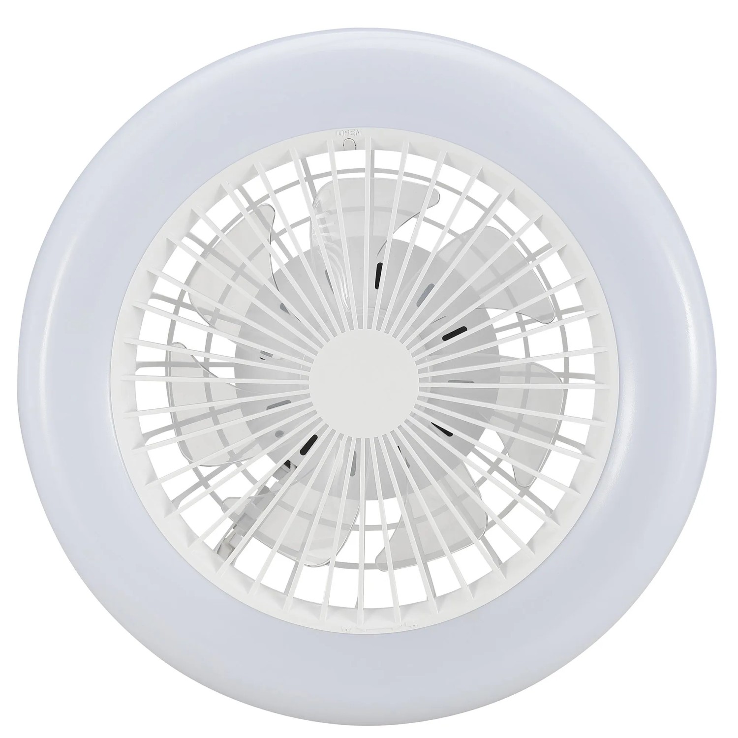 Weiße LED-Deckenleuchte Montero mit Ventilator, Ø 42 cm. Moderne Deckenlampe für Wohnräume.