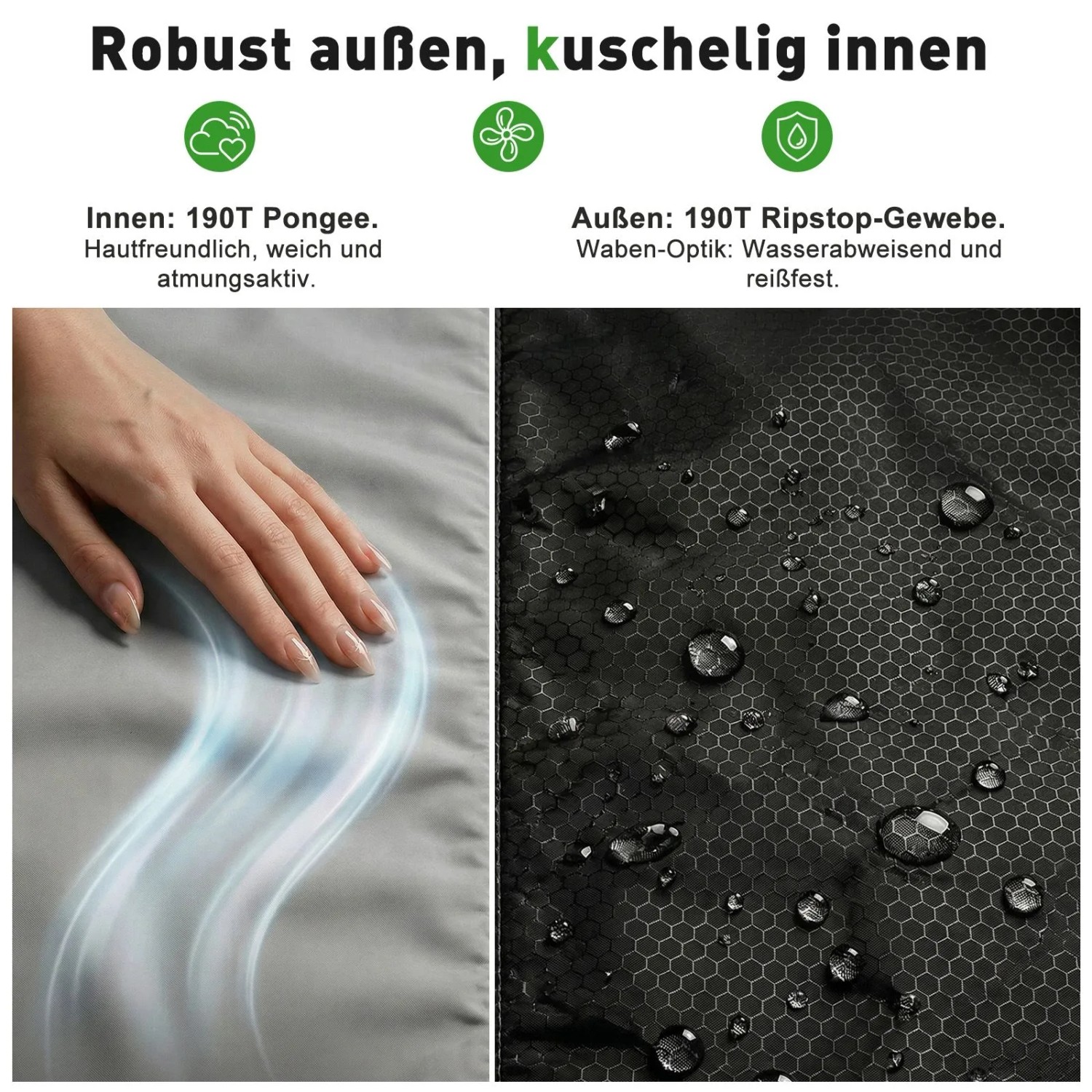 Sekey Mumienschlafsack: Weiche Innenseite, wasserabweisendes & reißfestes Außenmaterial mit Wabenmuster.