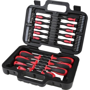 58-teiliges LUX Schraubendreher-Set im schwarzen Koffer. Schraubenzieher mit roten Akzenten.