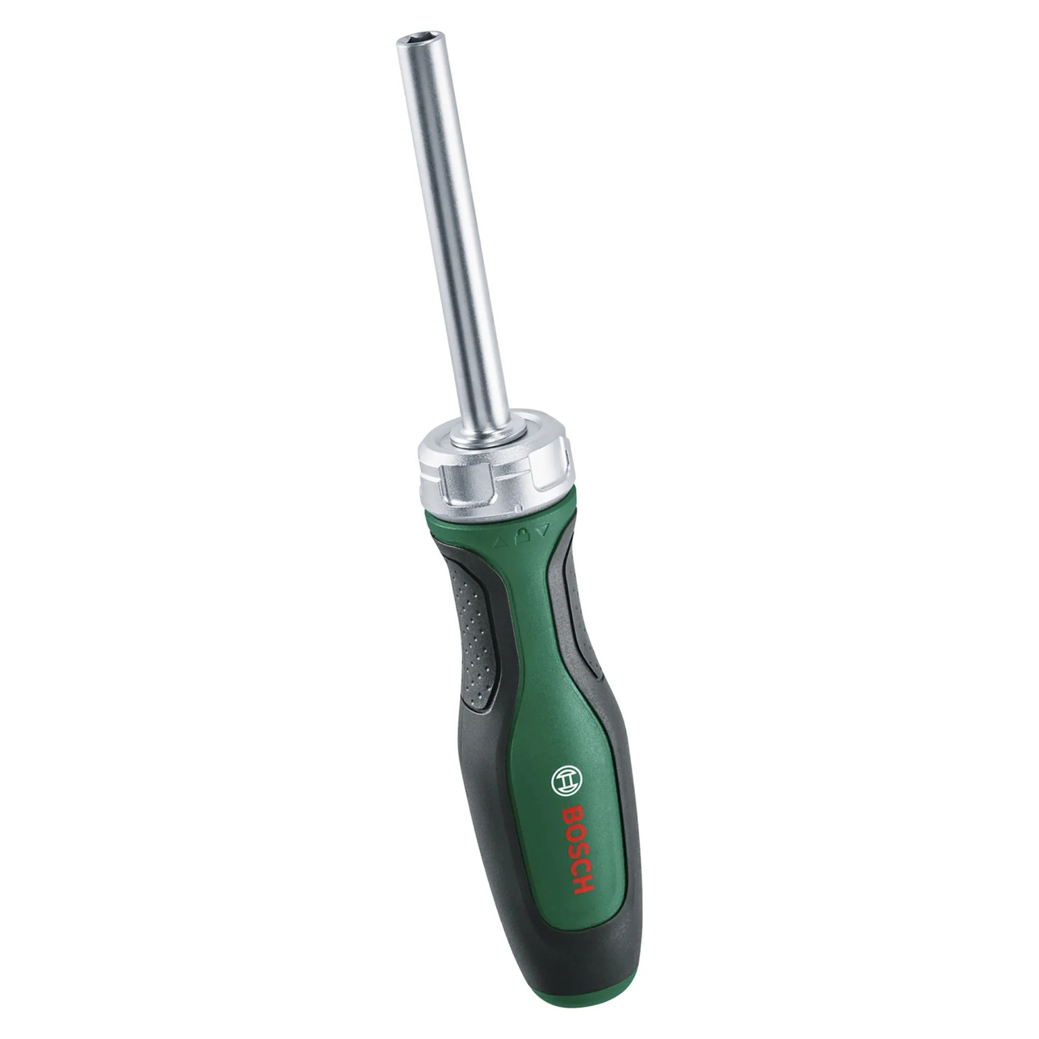 Bosch Bit-Ratschenschraubendreher-Set, 19-teilig, mit grün-schwarzem Griff und Bit-Aufnahme.
