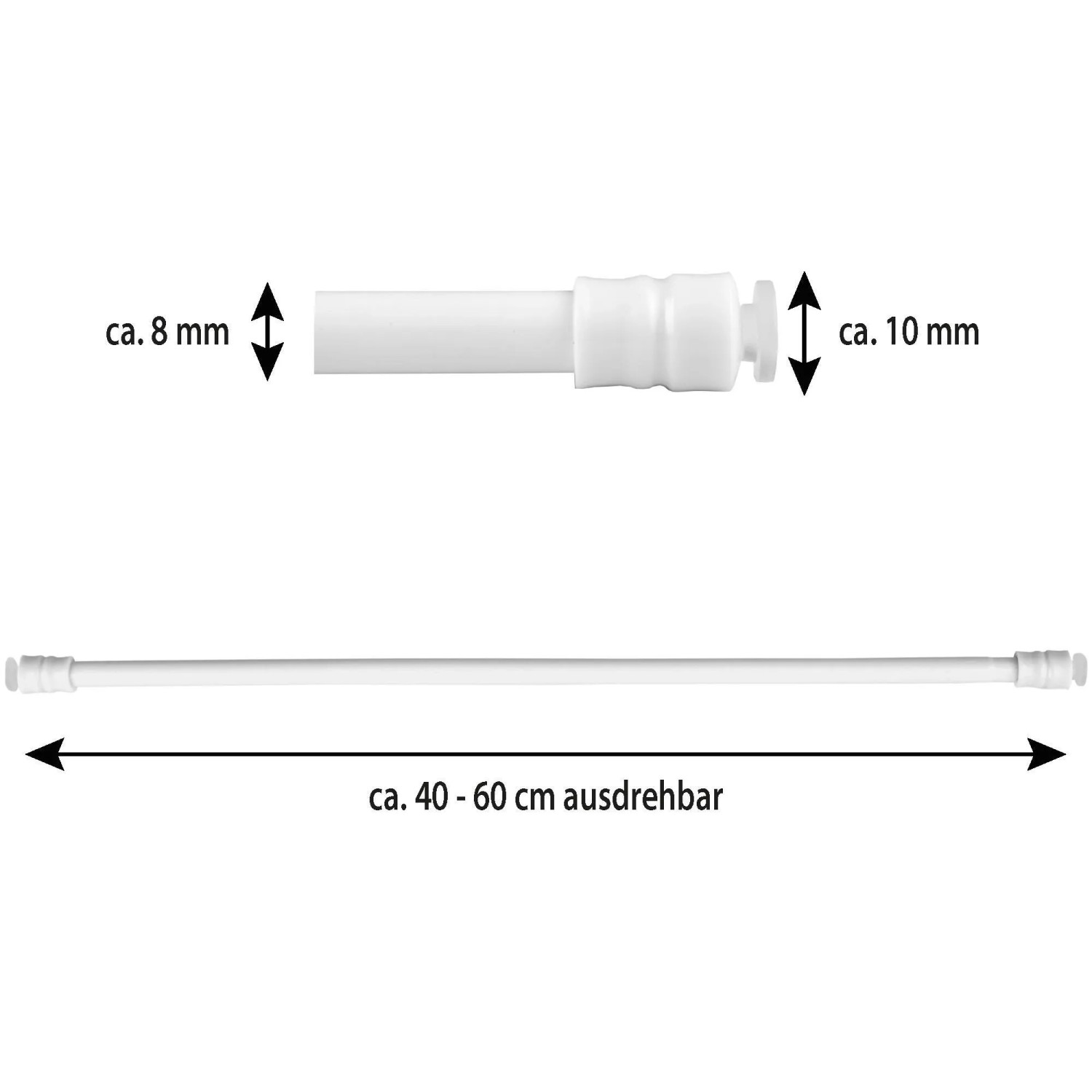 Bestlivings Klemmstangen 2er-Pack, weiß, ausziehbar von 40 bis 60 cm, für Gardinen und Fensterdekoration.