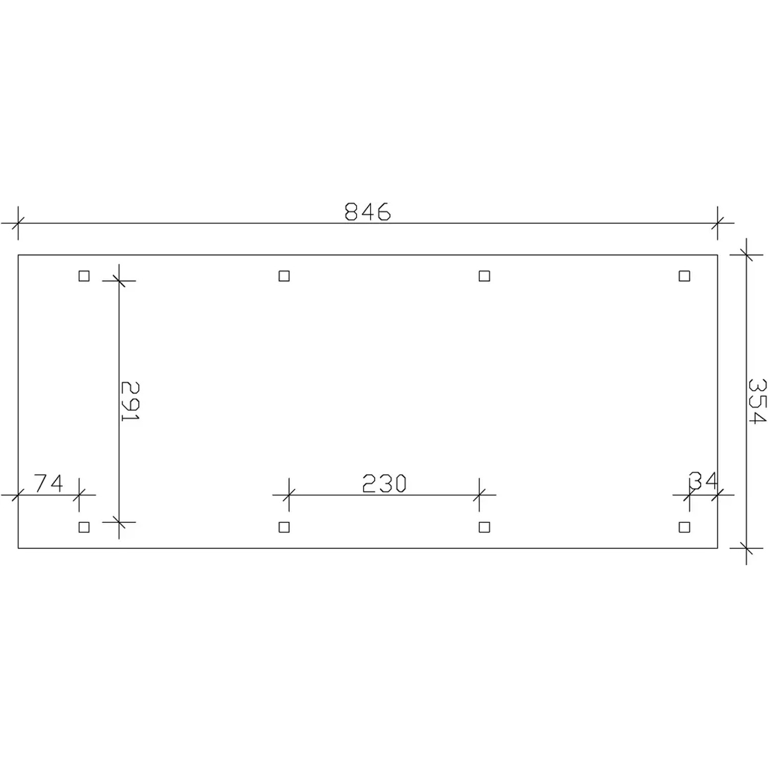 Skizze des Skan Holz Einzelcarports mit Maßangaben: 354 x 846 cm.