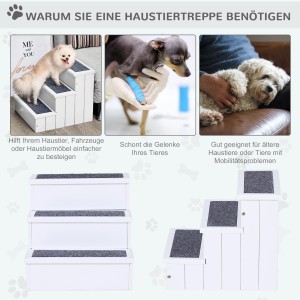 PawHut Hundetreppe mit 3 Stufen, weiß, mit Stauraum unter den Stufen, ideal für kleine und alte Hunde.