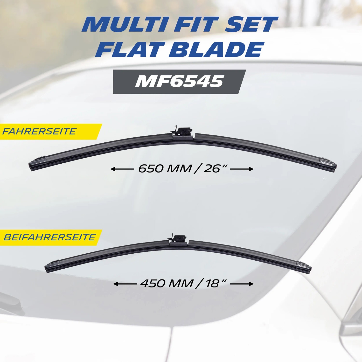 Michelin Scheibenwischer Set Multi Fit MF6545, 2 Stück, Größen 650mm und 450mm.