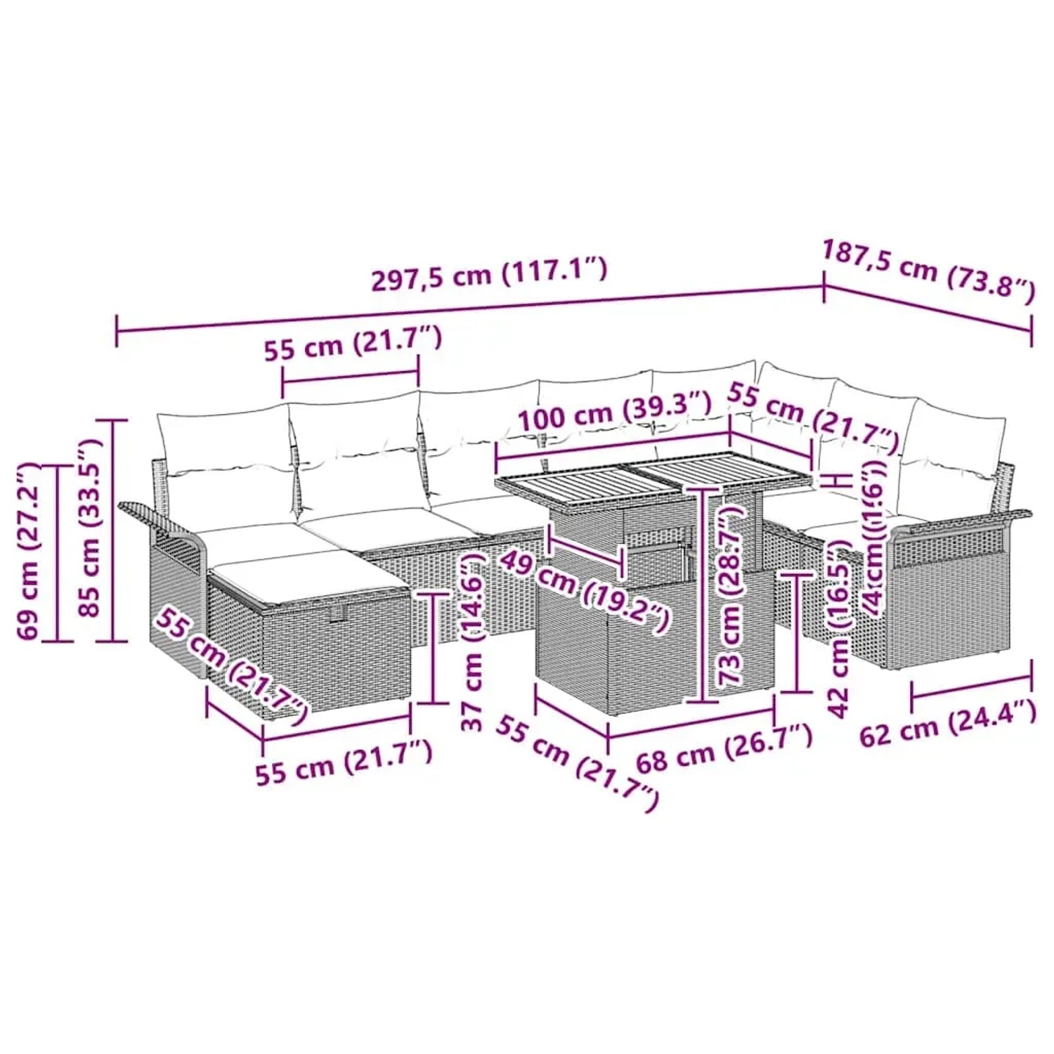 vidaXL Gartenmöbel-Set, 9-teilig, schwarz, Poly Rattan, mit Maßangaben.