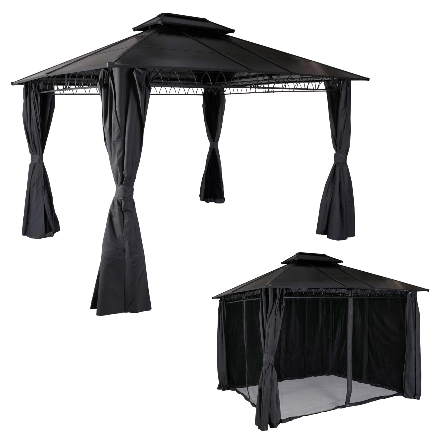 MCW Hardtop Pergola M81 Grau 3,6x3m mit Dach, Seitenwand und Moskitonetz.