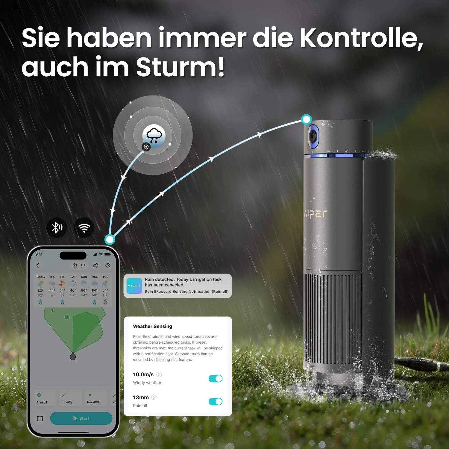 Aiper Irrisense 2 Bewässerungssystem mit App-Steuerung im Regen für smarte Gartenbewässerung.