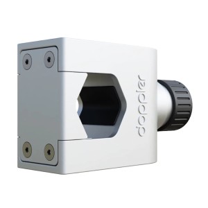 Doppler Balkonklammer Fix Maxi, silberfarbene Halterung für Sonnenschirme an Geländern.