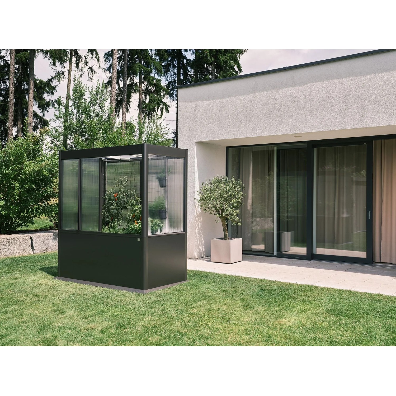 Biohort Gewächshaus Florentina Maxi, dunkelgrau-metallic, mit Pflanzen im Garten.