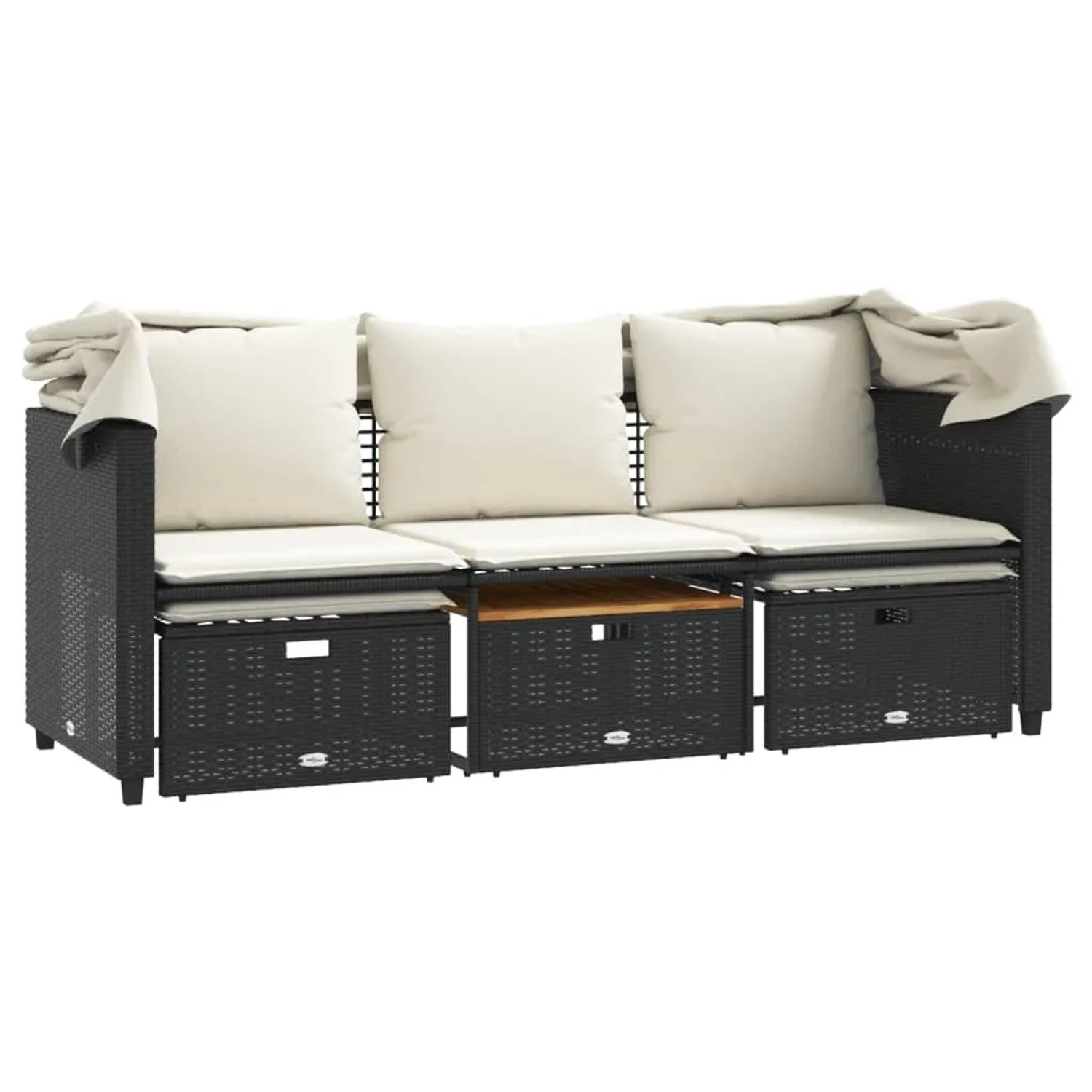 Schwarzes 3-Sitzer Outdoor-Sofa mit Dach und Hockern aus Poly-Rattan für den Garten.