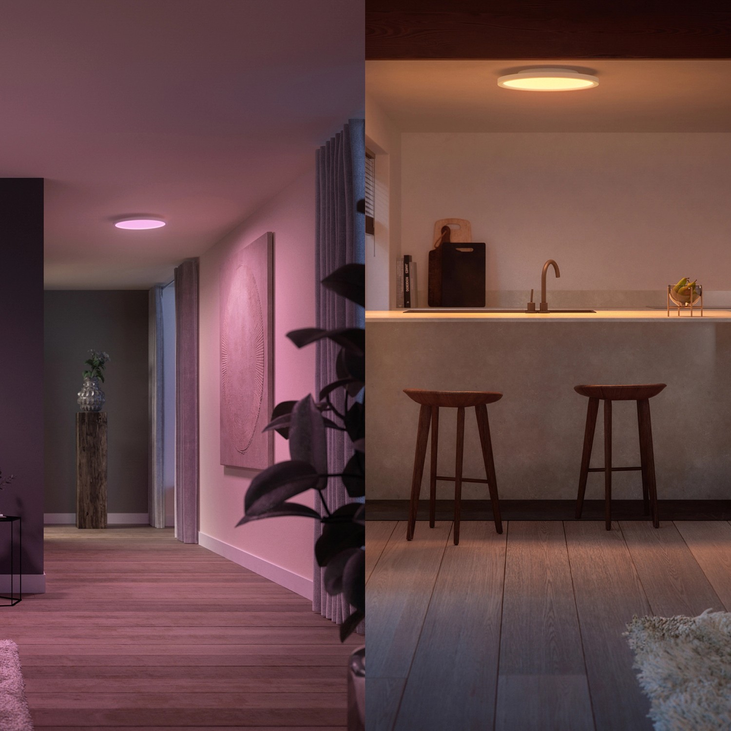 Philips Hue Surimu LED-Panel, weiße Deckenleuchte mit Farbwechsel in zwei Wohnsituationen.