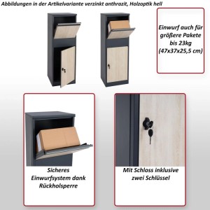 Großer MCW Paketkasten G80 XL in Anthrazit mit Holzoptik-Türen, sicherem Einwurf für Pakete & abschließbarem Fach.