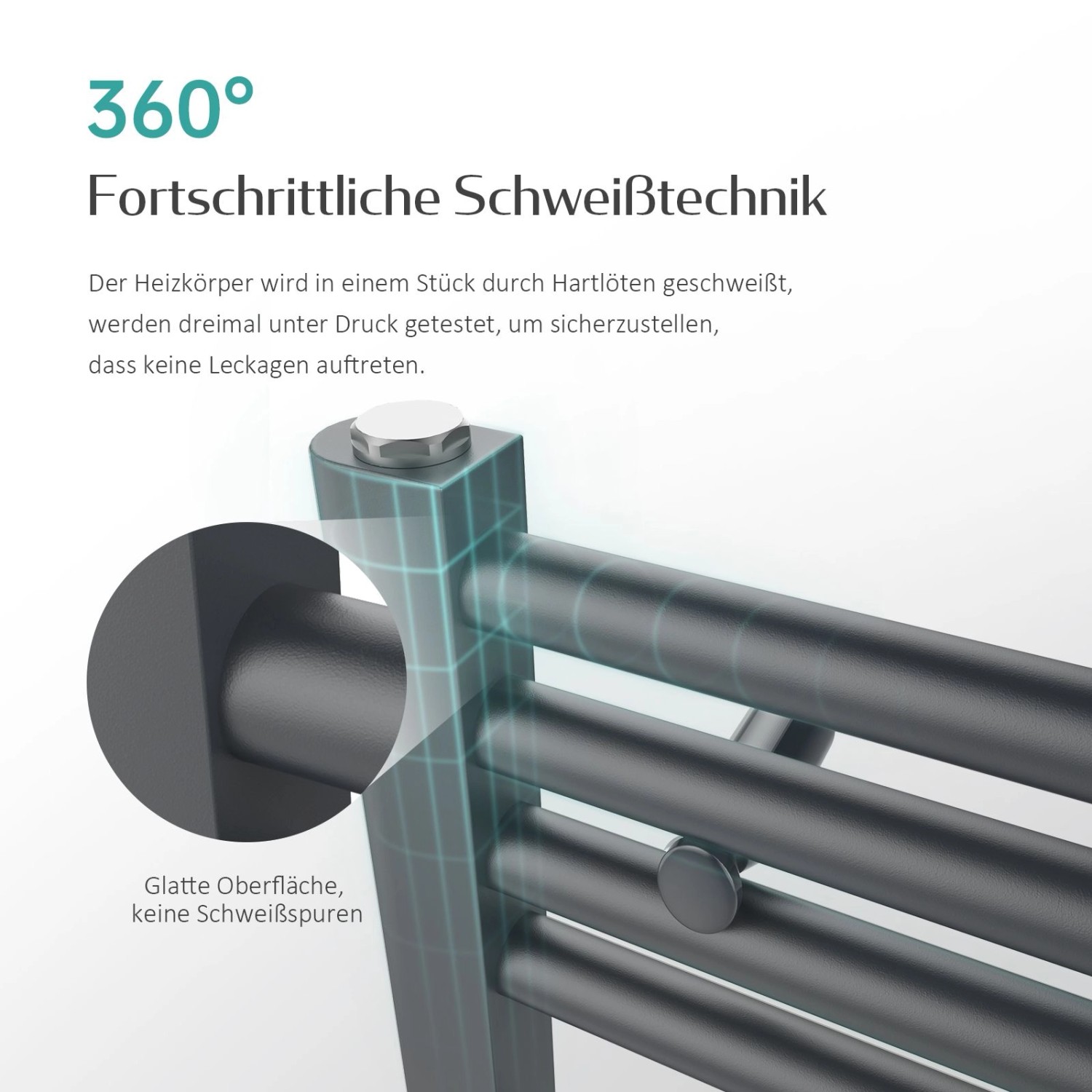 Detailaufnahme: Anthrazitfarbener Emke Badheizkörper mit glatten Oberflächen und fortschrittlicher Schweißtechnik.