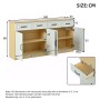 Modernes Sideboard 160 cm in Weiß/Holzoptik mit 4 geriffelten Türen und 4 Schubladen, Maße sichtbar.