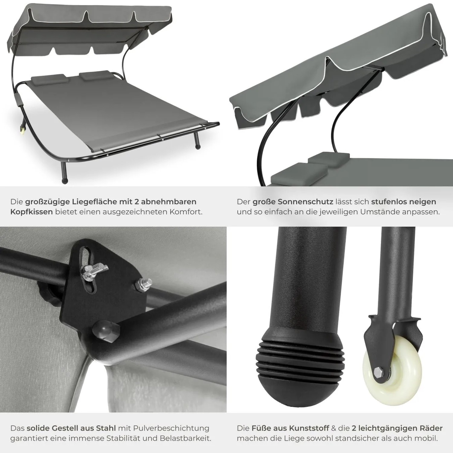 Tectake Gartenliege Livorno für 2 Personen, schwarz-grau, mit Metallgestell, verstellbarem Sonnendach und Rollen.