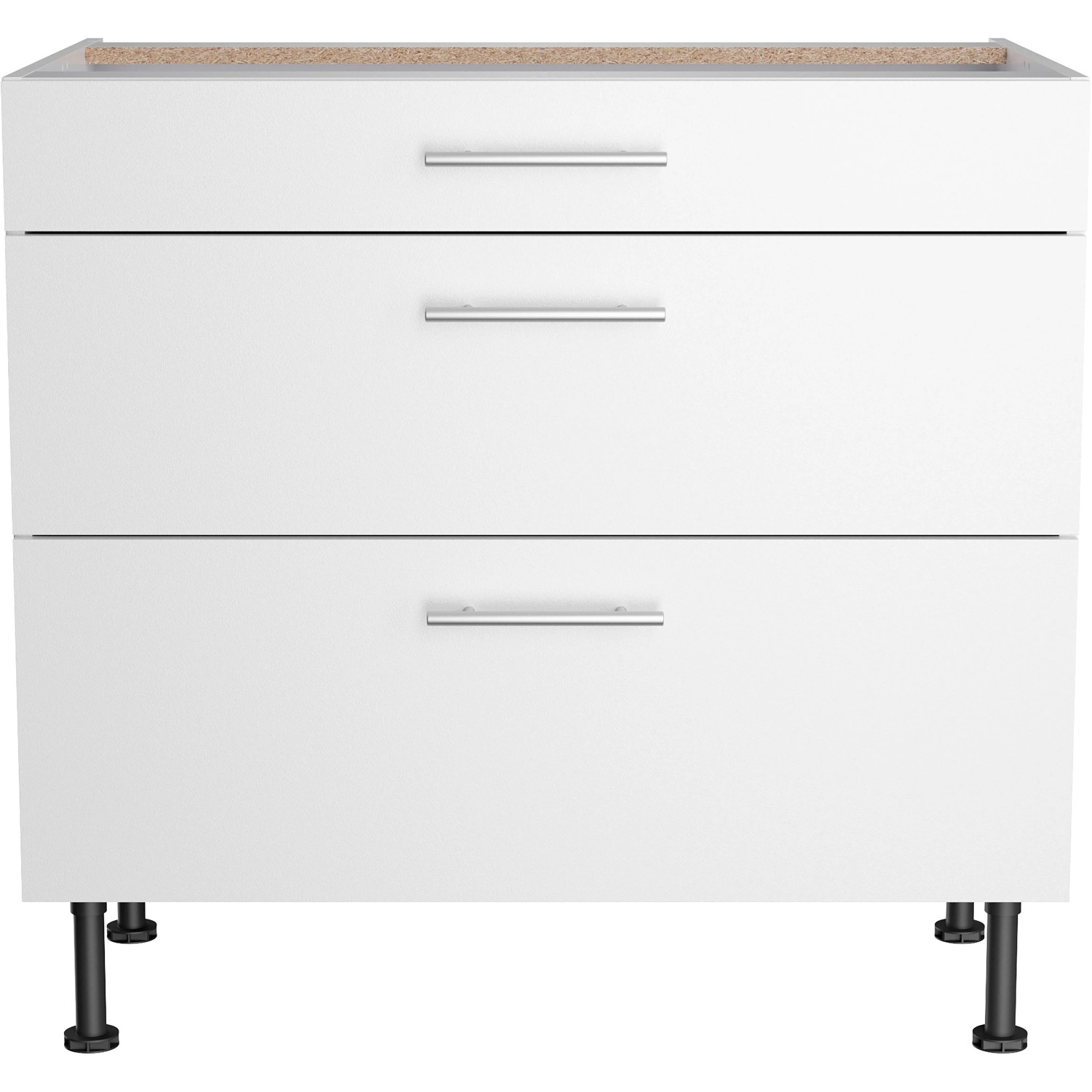 Optifit Unterschrank Bengt932, 90 cm breit, mit 3 Auszügen und Edelstahlgriffen in Weiß.