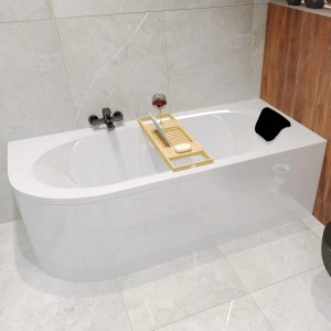Weiße Eckbadewanne AVITA 170x75 rechts mit Bambusablage, Weinglas, Buch und schwarzer Kopfstütze. Luxuriöses Bad.