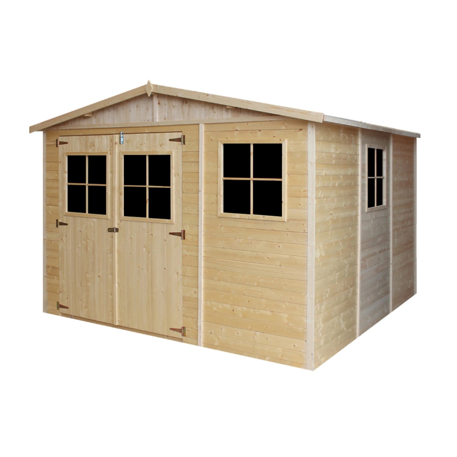 Timbela Holz-Gartenhaus M335, 9 m², mit Fenstern, ohne Boden. Unbehandeltes Holz mit Doppeltür.