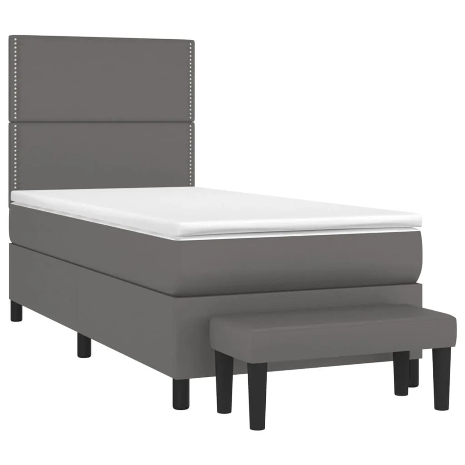Graues Boxspringbett mit Matratze, Kopfteil und Bank aus Kunstleder, 90x200 cm.