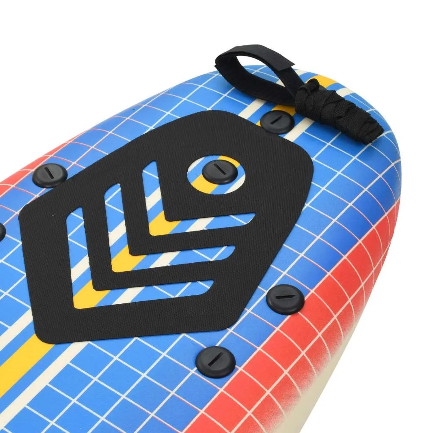 Detailansicht eines bunten vidaXL Surfbretts (170 cm) mit Mosaikmuster und schwarzem Traktionspad.