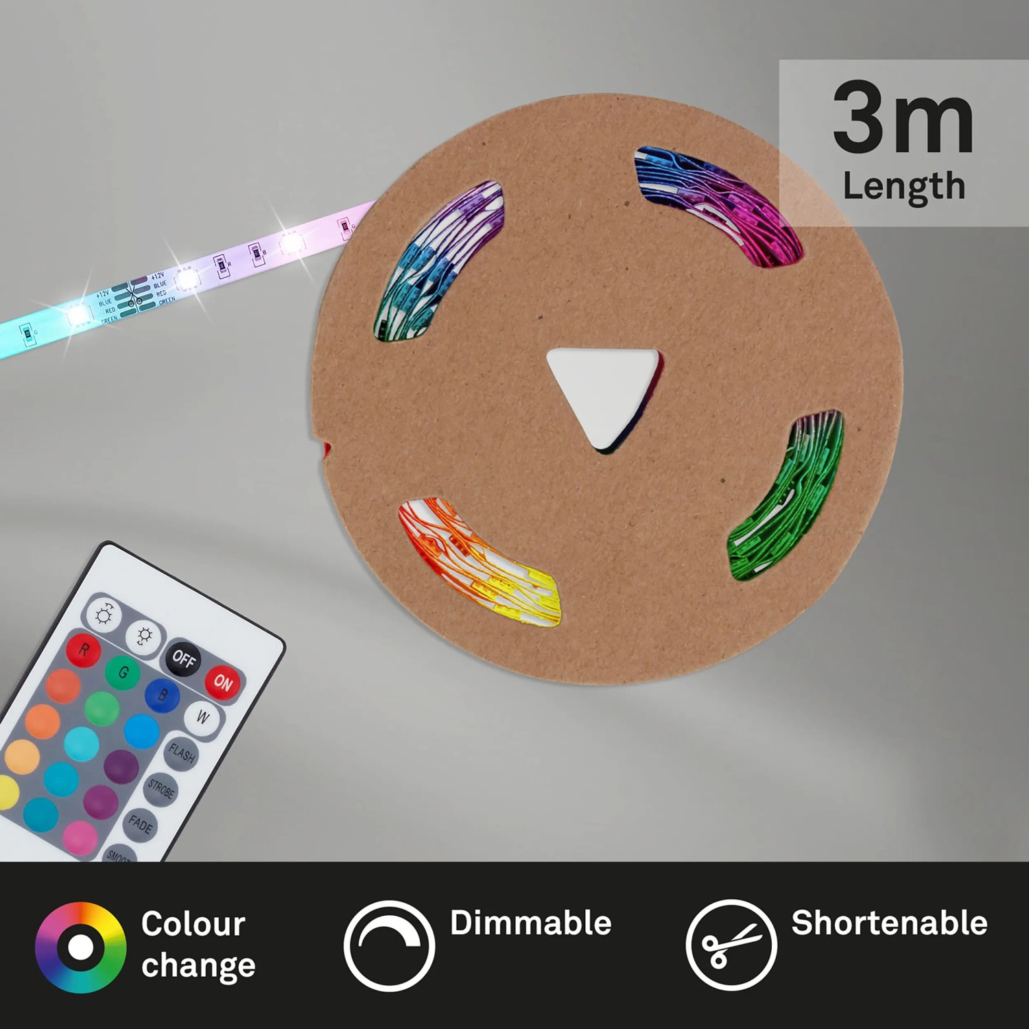 Briloner LED-Streifen Flexband 3 m, mehrfarbig, mit Fernbedienung und auf Rolle.