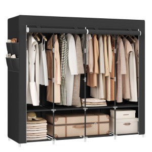 Schwarzer Songmics Textil-Kleiderschrank mit Hängefächern und Ablagen.