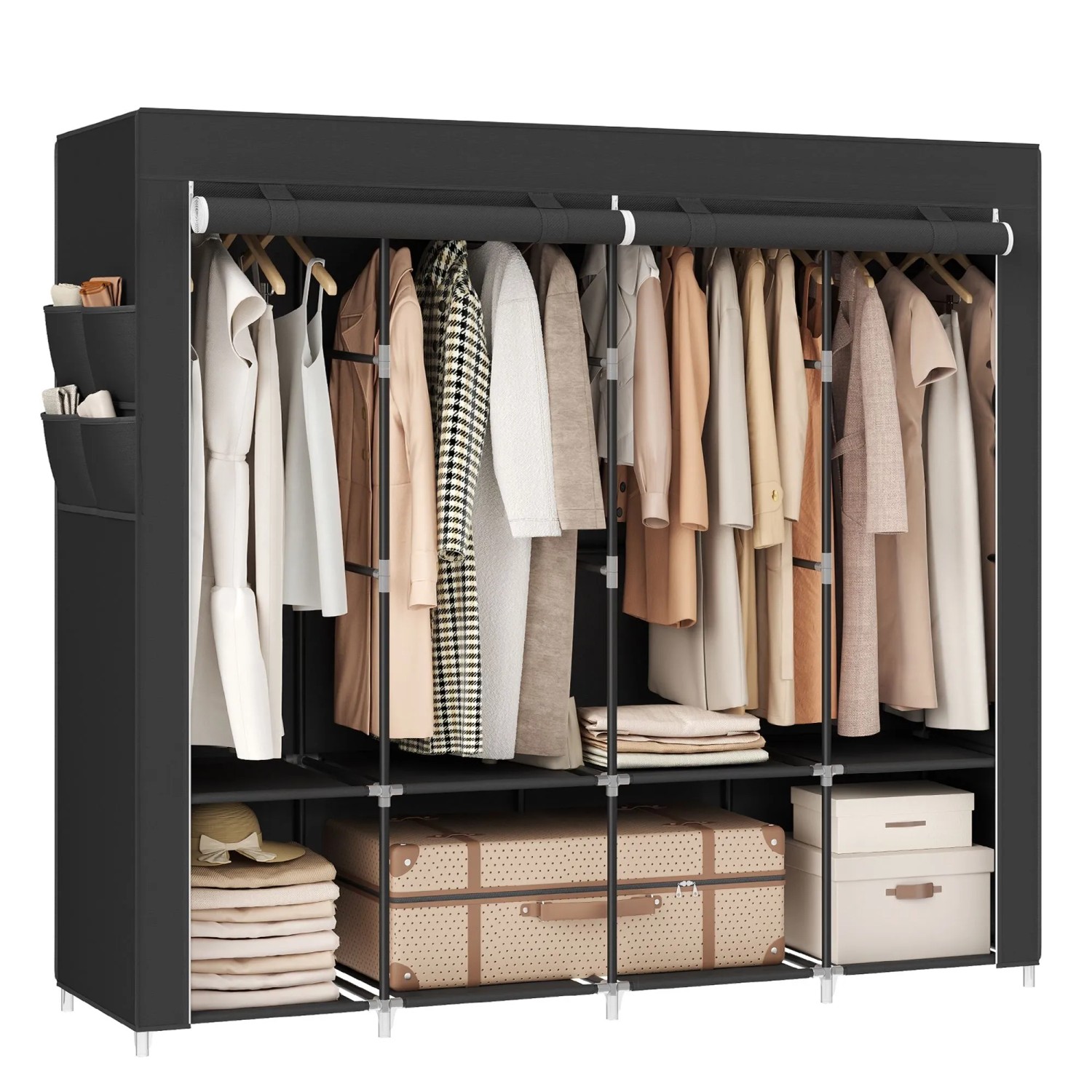 Schwarzer Songmics Textil-Kleiderschrank mit Hängefächern und Ablagen.