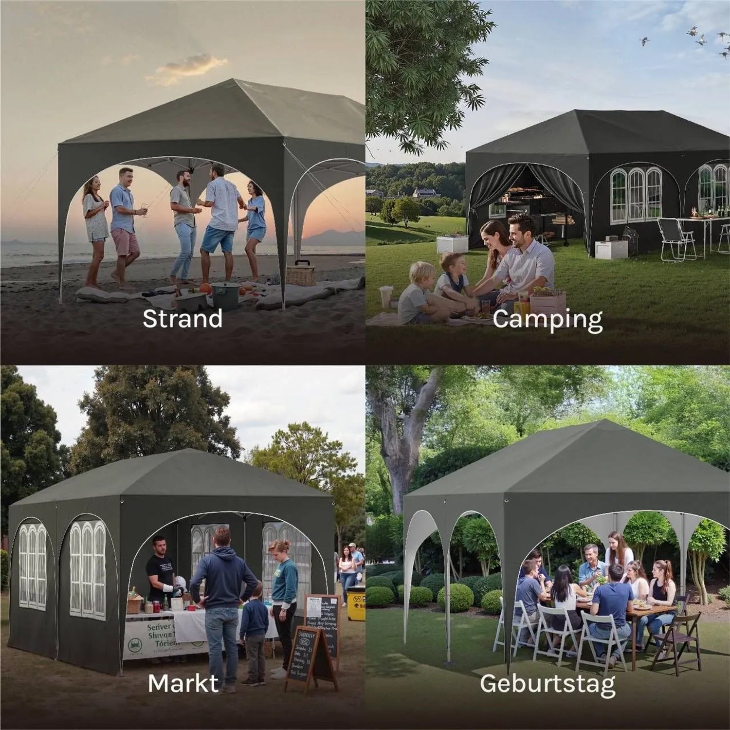 Grauer WOLTU Pavillon 3x6m, höhenverstellbar, mit Seitenwänden, im Einsatz am Strand, beim Camping, auf dem Markt und im Garten.