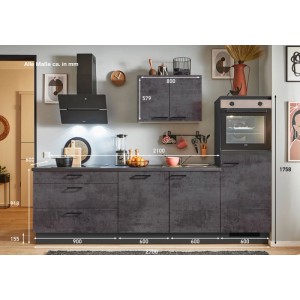 Moderne pino Küchenzeile in Beton Grafitgrau mit Geräteschrank und Elektrogeräten.