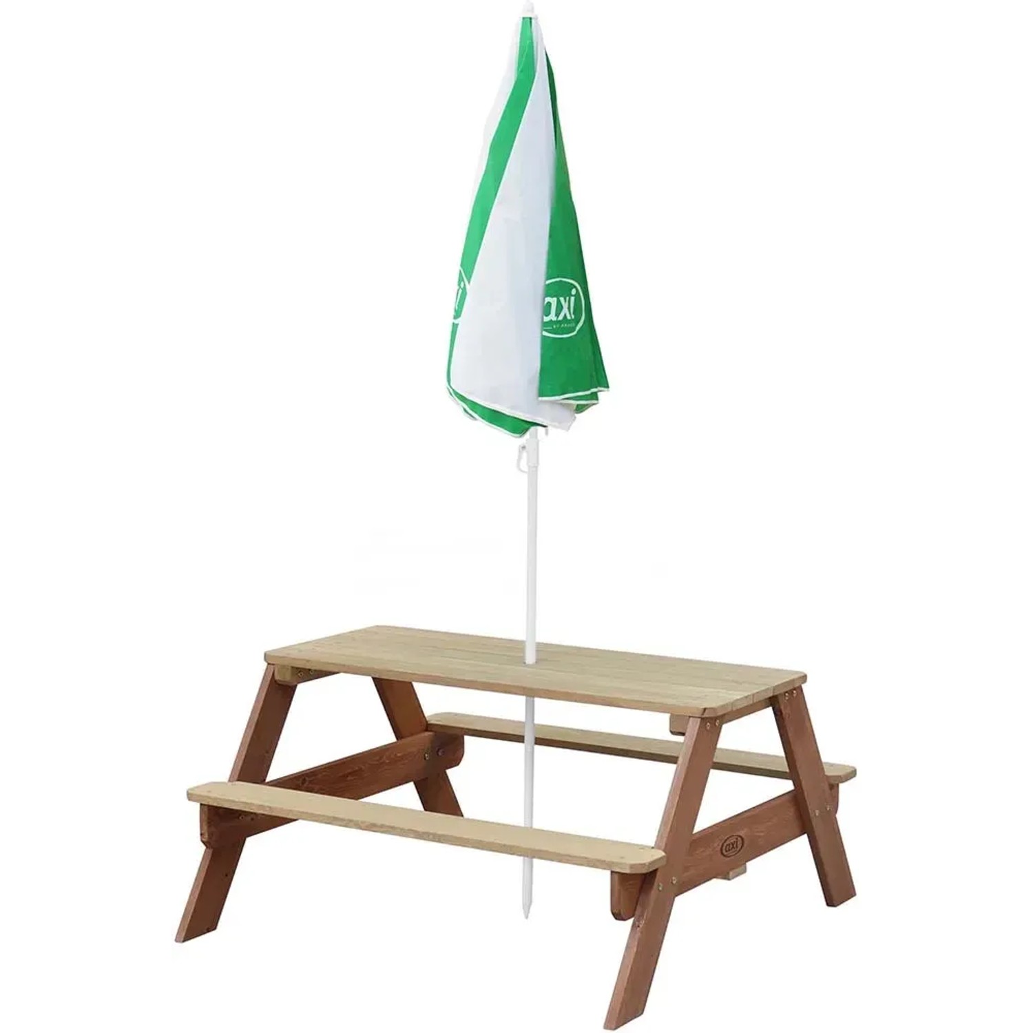Axi Nick Picknicktisch mit grün-weißem Sonnenschirm, ideal für Kinder zum Spielen und Essen im Garten.