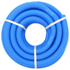 Blauer, geriffelter vidaXL Poolschlauch, 12 m lang, 38 mm Durchmesser, aufgerollt mit weißen Bändern.