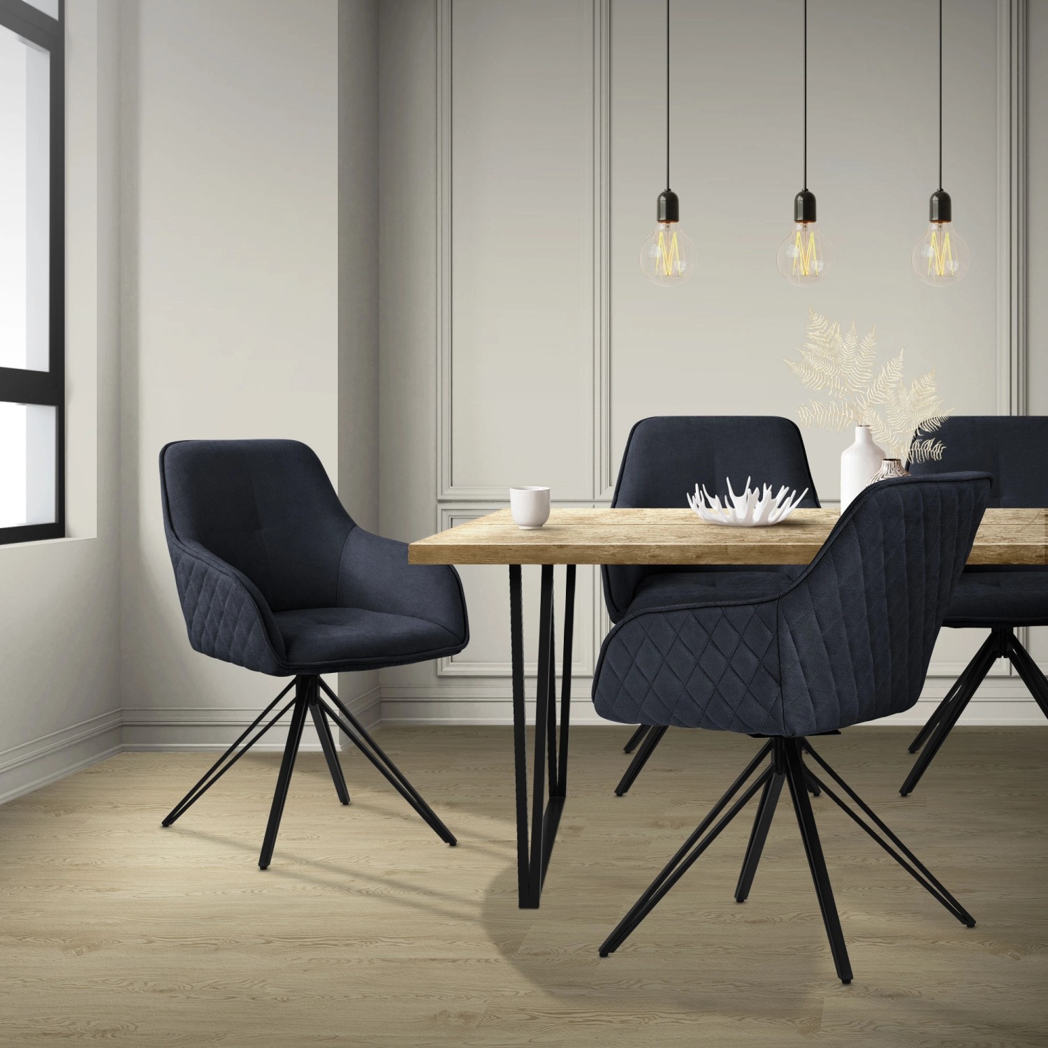 ML-Design Esszimmerstühle, 4er Set, Webstoff schwarz, Drehstühle mit Rautenmuster.