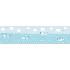 Bricoflor Bordüre Maritim: Blaue Kinderzimmer Bordüre mit Wolken, Booten und Meer für Babyzimmer.