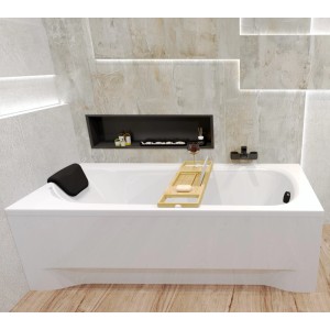Rechteckige Bad Land Badewanne BONA 150x70 mit Bambusablage, Ablauf und Füßen.