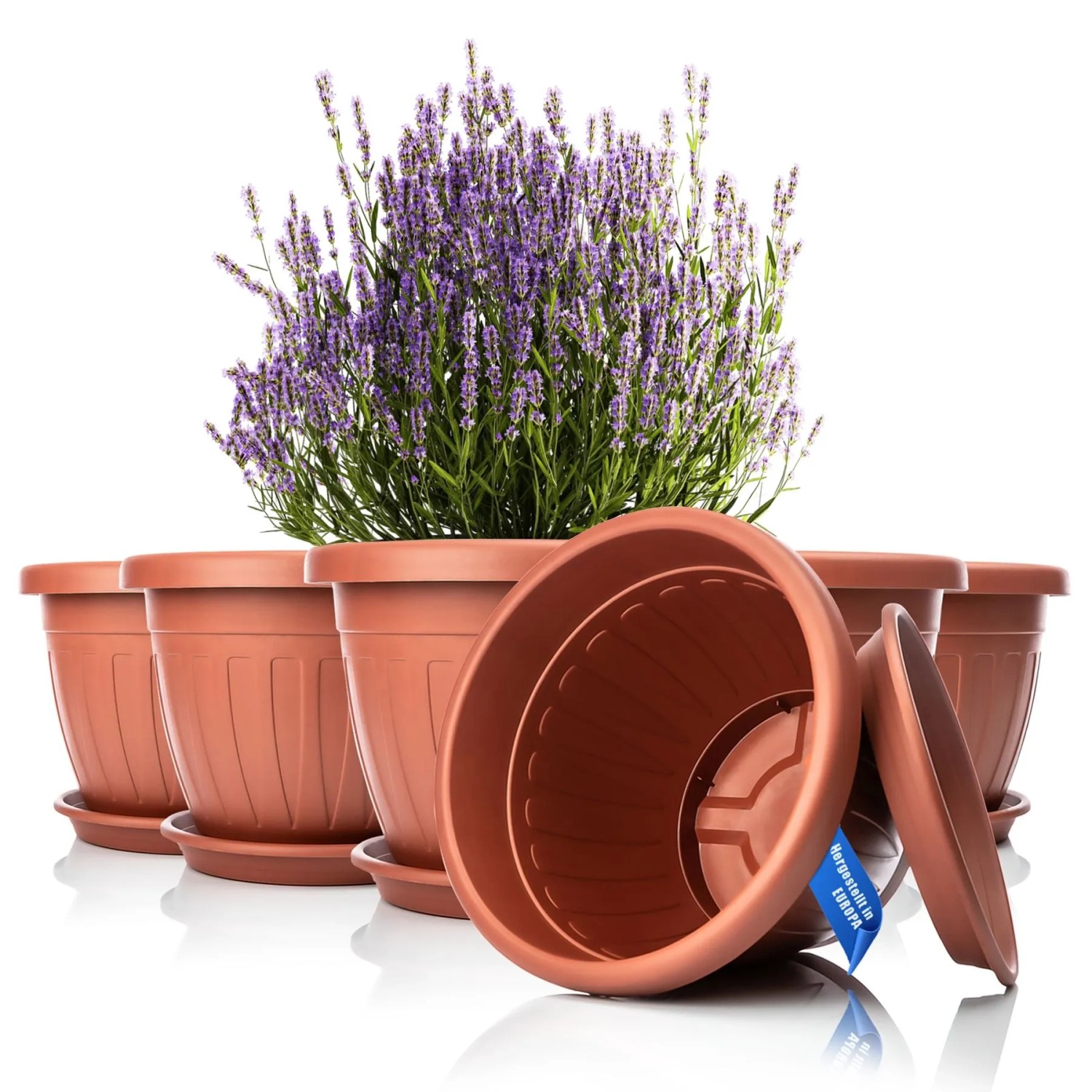 BigDean 6x Blumentopf Mit Untersetzer Rund ø40xH31 Cm Terracotta Wetterfester Pflanzkübel Wasserablauf UV Beständig Aus Bruchsicherem Kunststoff Innen